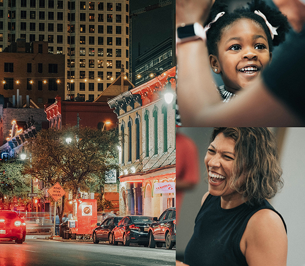 This image is a collage of three photos, the whole of the left side is an image of a downtown Austin street at night, with red brake lights and city street lights. Above on the right we have a young female child smiling up at an adult, below, a woman with shoulder length wavy hair laughs emphatically