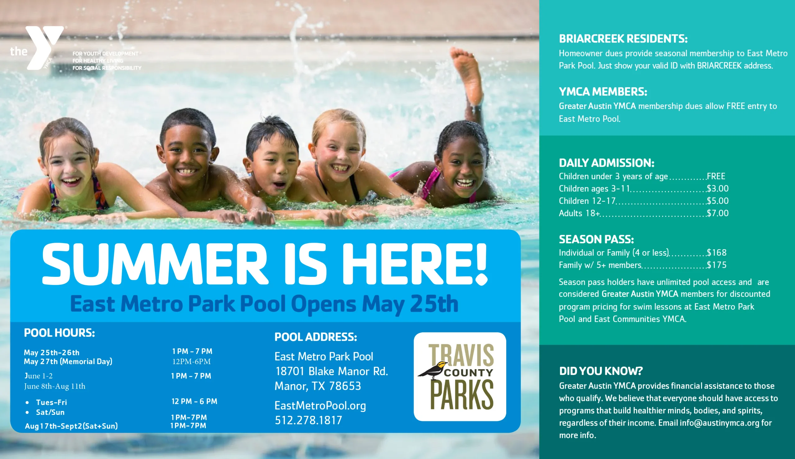Flyer listing East Metropolitan Pool hours