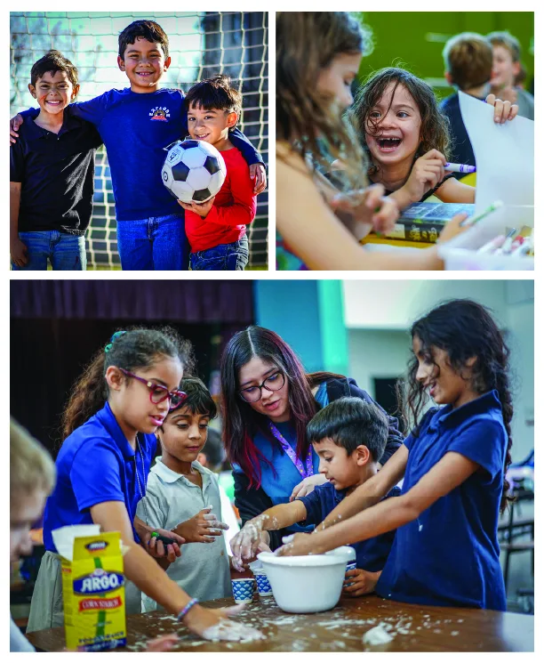 A photo grid shows elementary aged children engaged in a variety of afterschool activities