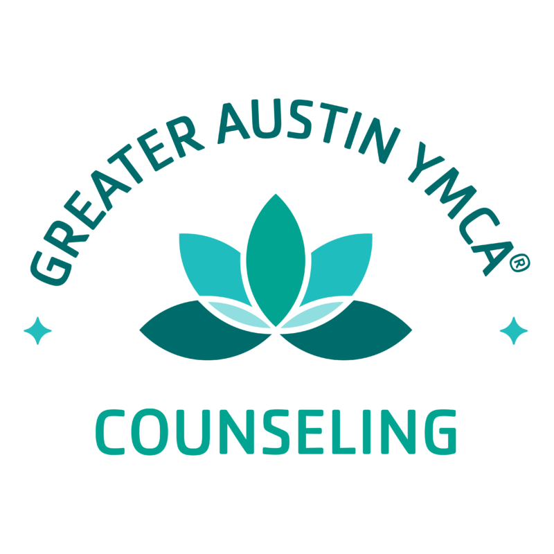 A logo showing a lotus that says Greater Austin YMCA Mental Health Counseling