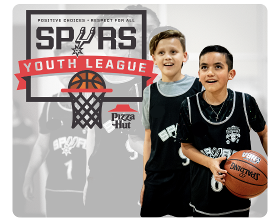 Children wearing San Antonio Spurs jerseys play basketball. They appear in a cut-out against a San Antonio Spurs Youth League logo.