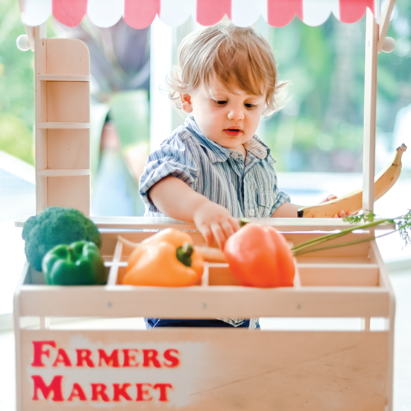 A child plays with a make believe market and produce toys